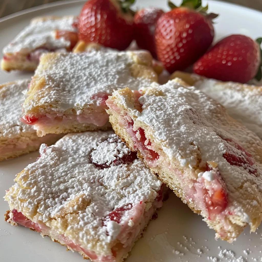 Freshly baked Strawberry Sheet Cake Cookies with glistening strawberry preserves on top.