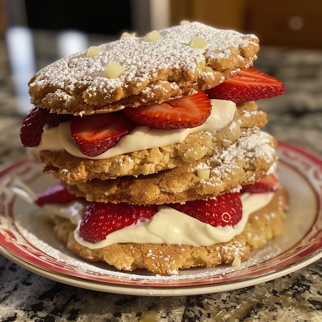 Detailed look at a freshly baked strawberry shortcake cookie, highlighting the juicy strawberries and sugary glaze.