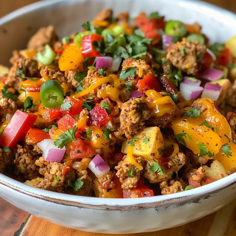 A vibrant breakfast bowl filled with protein-rich ingredients, showcasing the layers of chicken and peppers.