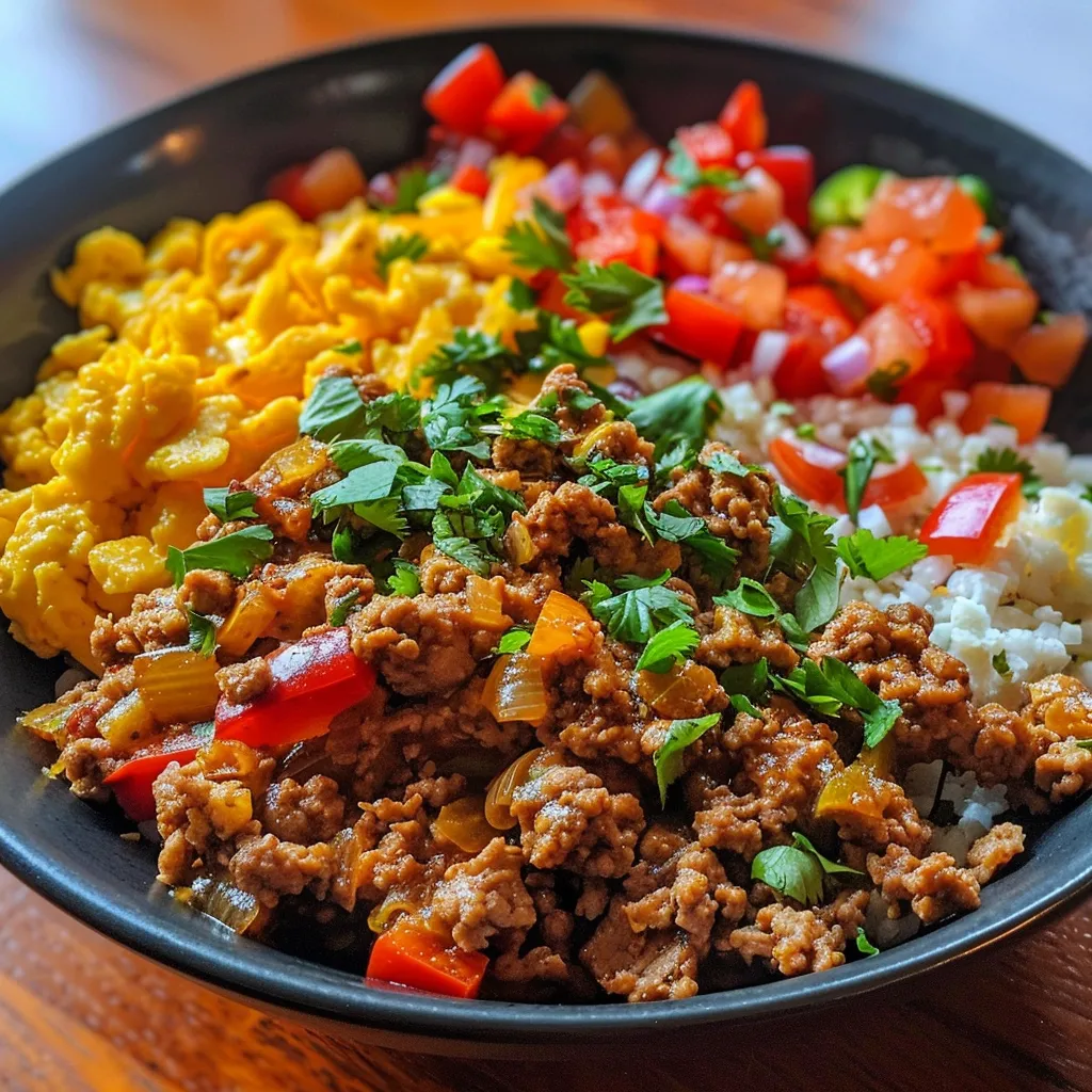 A colorful side view of a Tex-Mex breakfast bowl, highlighting its hearty ingredients.