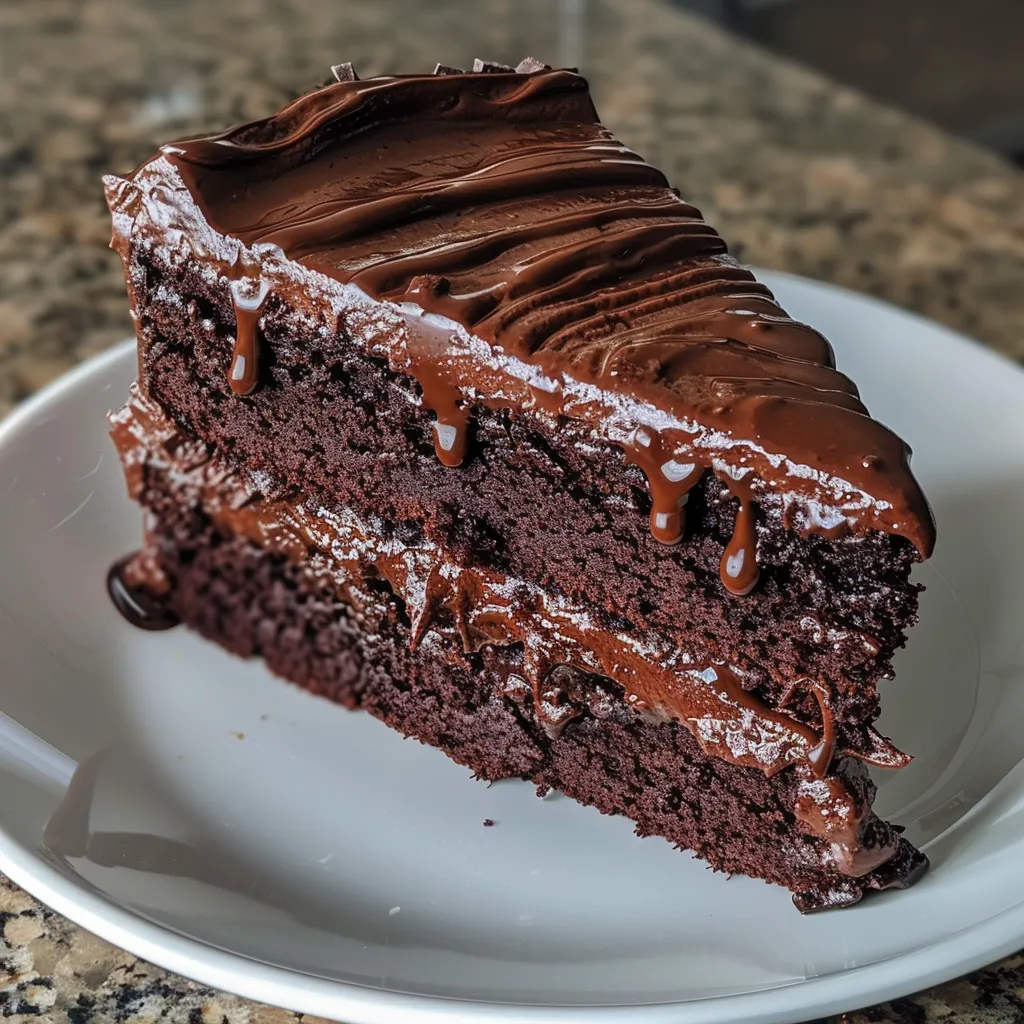 Side view of an ultimate chocolate cake, displaying the soft crumb and luxurious chocolate glaze.