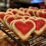 Juicy heart cookies with a glossy finish resting on a table.