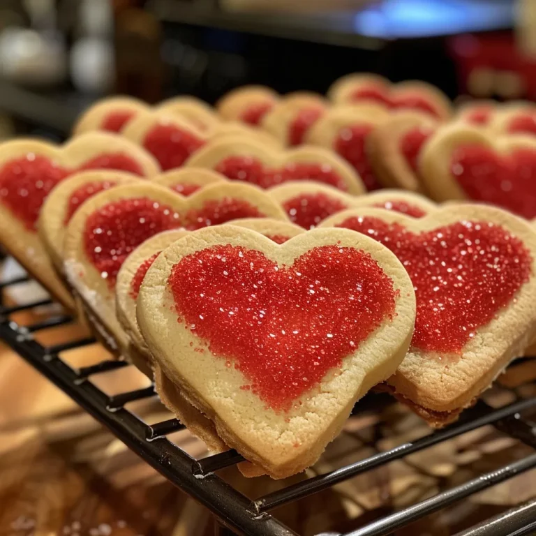 Juicy heart cookies with a glossy finish resting on a table.