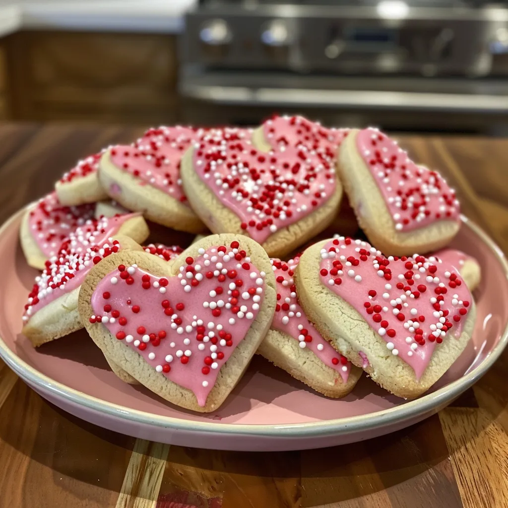 Soft cut-out sugar cookies in heart shapes, showcasing glossy icing and festive sprinkles.