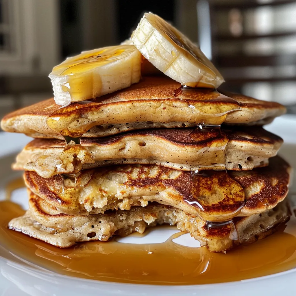Freshly made banana pancakes showing their moist surface in a close-up.