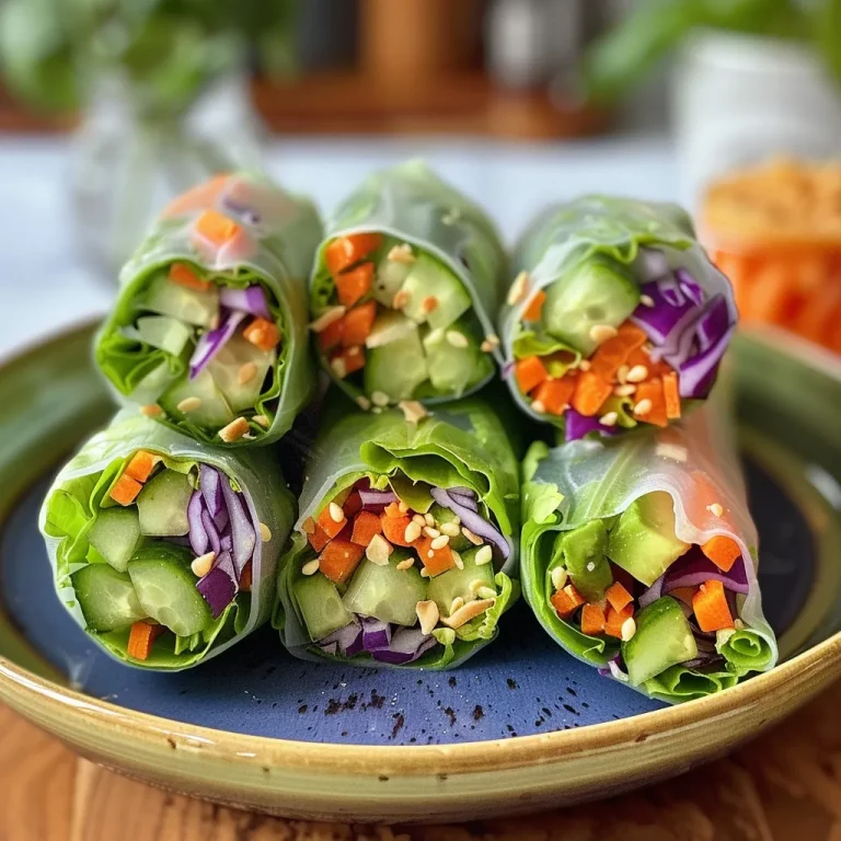 Side view of juicy vegan spring rolls arranged elegantly with a peanut sauce dip.