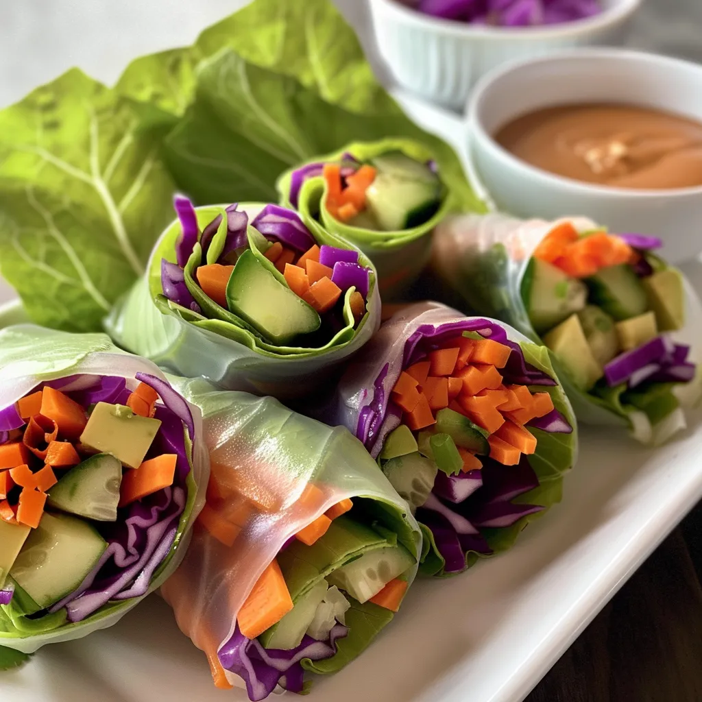 Delicious vegan spring rolls showcasing vibrant ingredients and a creamy sauce.