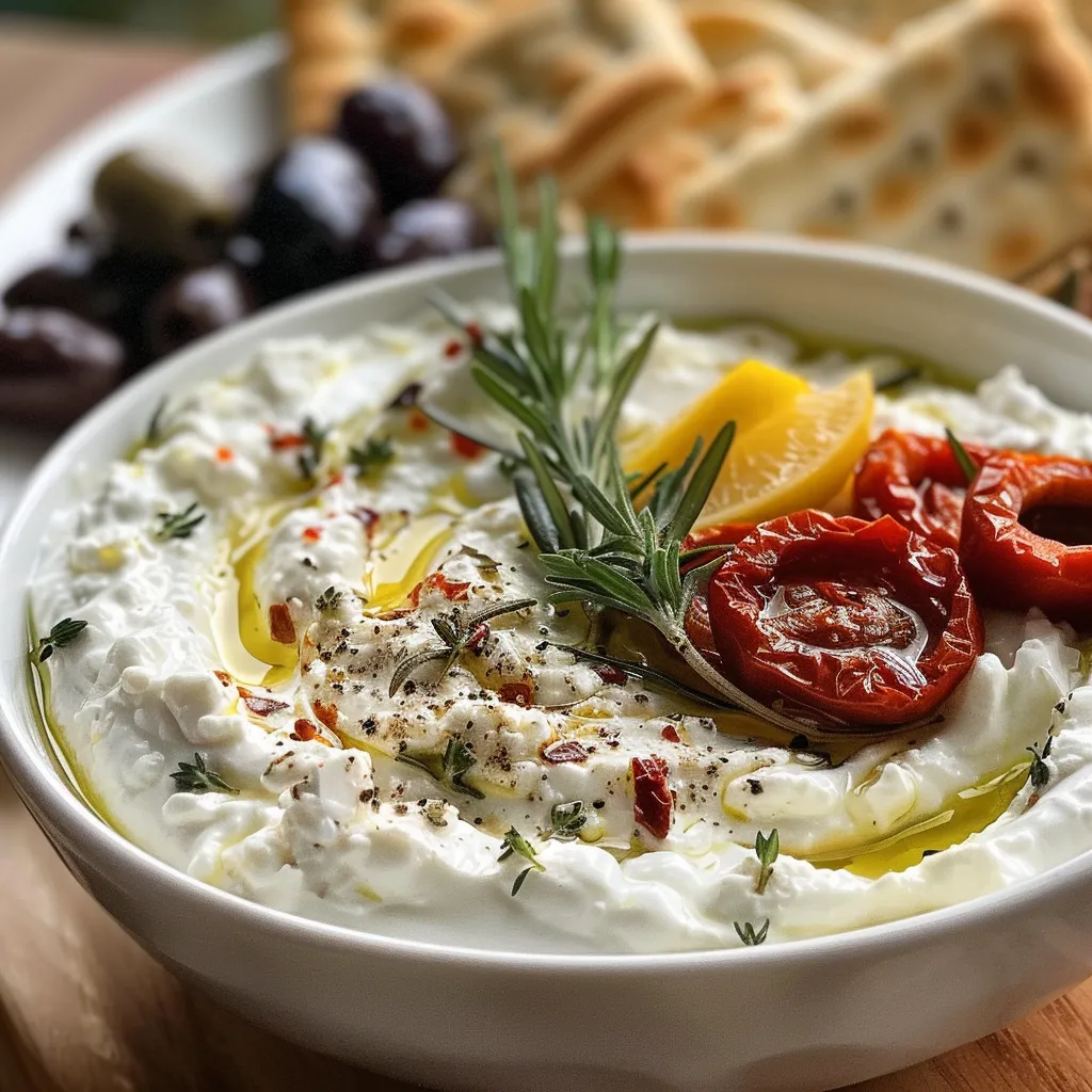 Creamy dip made from feta cheese and sun-dried tomatoes garnished with olives and black pepper.