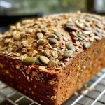 Juicy whole grain seeded bread with a golden crust filled with seeds and grains.