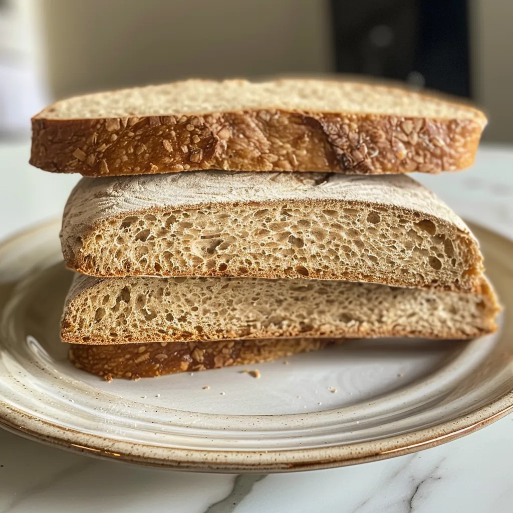 Juicy whole wheat sourdough sandwich bread captured in a close-up side angle.