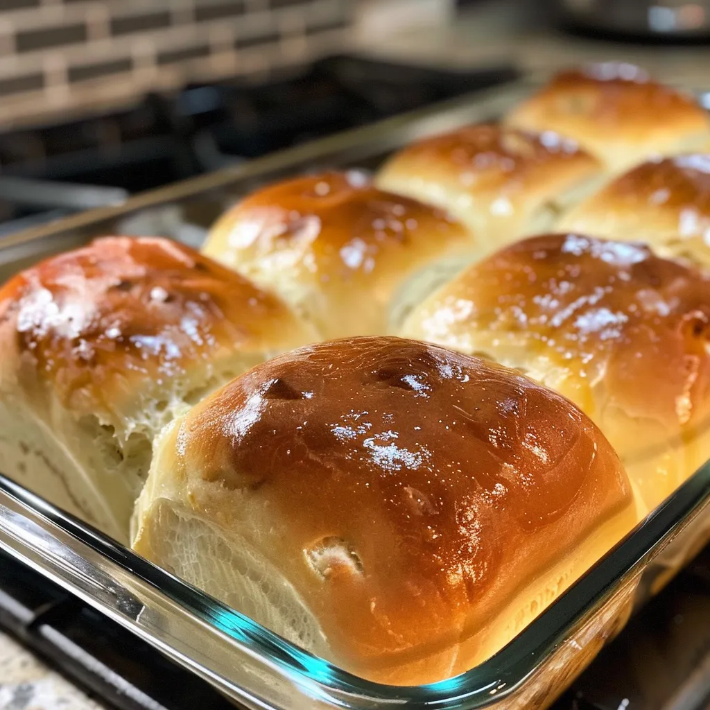 Warm, golden yogurt dinner rolls stacked on a plate, garnished with herbs.