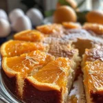 Juicy Whole Orange Cake on a plate, emphasizing the rich color and fluffy almond meal structure.