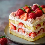 A vibrant side angle of a strawberry vanilla cake showcasing its fluffy texture and creamy layers.