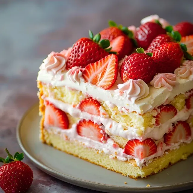 Elevate Your Baking: The Joy of Fresh Strawberry Vanilla Sheet Cake A vibrant side angle of a strawberry vanilla cake showcasing its fluffy texture and creamy layers.