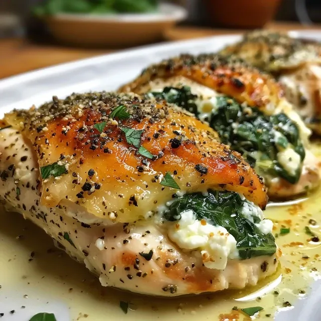 Elevate Your Dinner with Spinach Ricotta Stuffed Chicken Juicy chicken breast sliced to reveal a creamy spinach and ricotta filling, photographed closely.