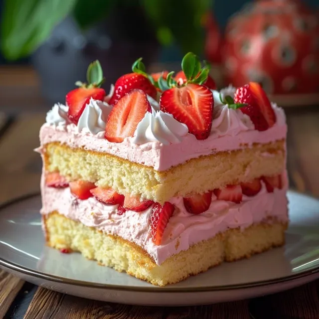 Juicy strawberry vanilla sheet cake featuring a smooth frosting and garnished with fresh strawberries.