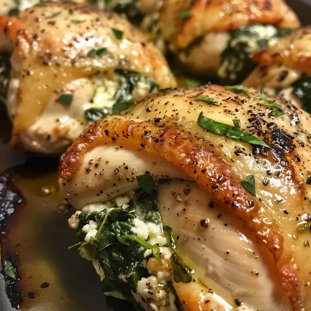 A detailed side shot of a stuffed chicken breast filled with spinach, ricotta, and herbs.