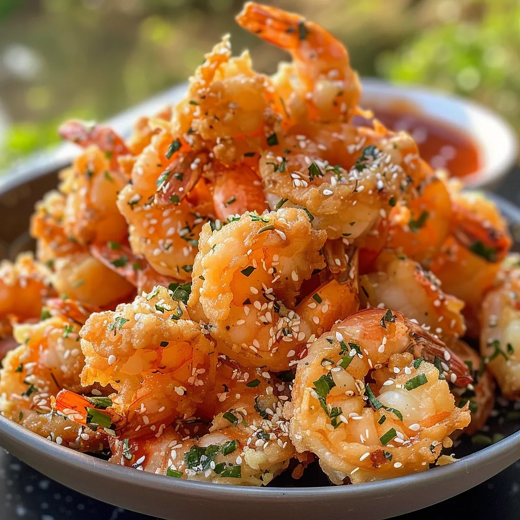 Succulent Air Fryer Bang Bang Shrimp drizzled with sauce on a serving dish.