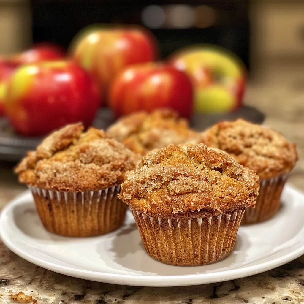 Side view of apple cinnamon muffins, warm and fluffy with a hint of cinnamon color.