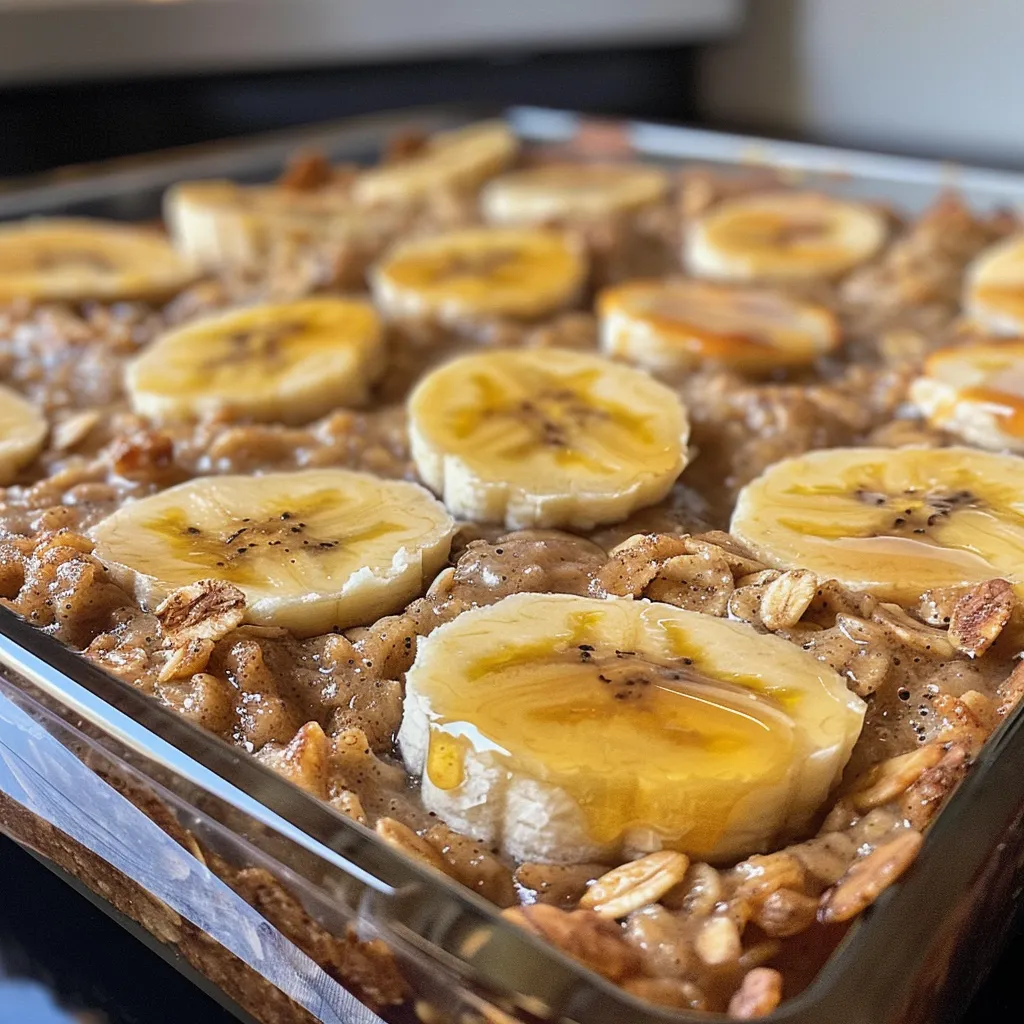 A delectable serving of Banana Baked Oatmeal with an inviting golden crust and creamy peanut butter drizzle.