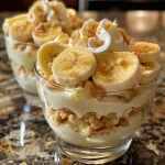 Juicy banana pudding parfaits with sliced bananas and whipped cream.