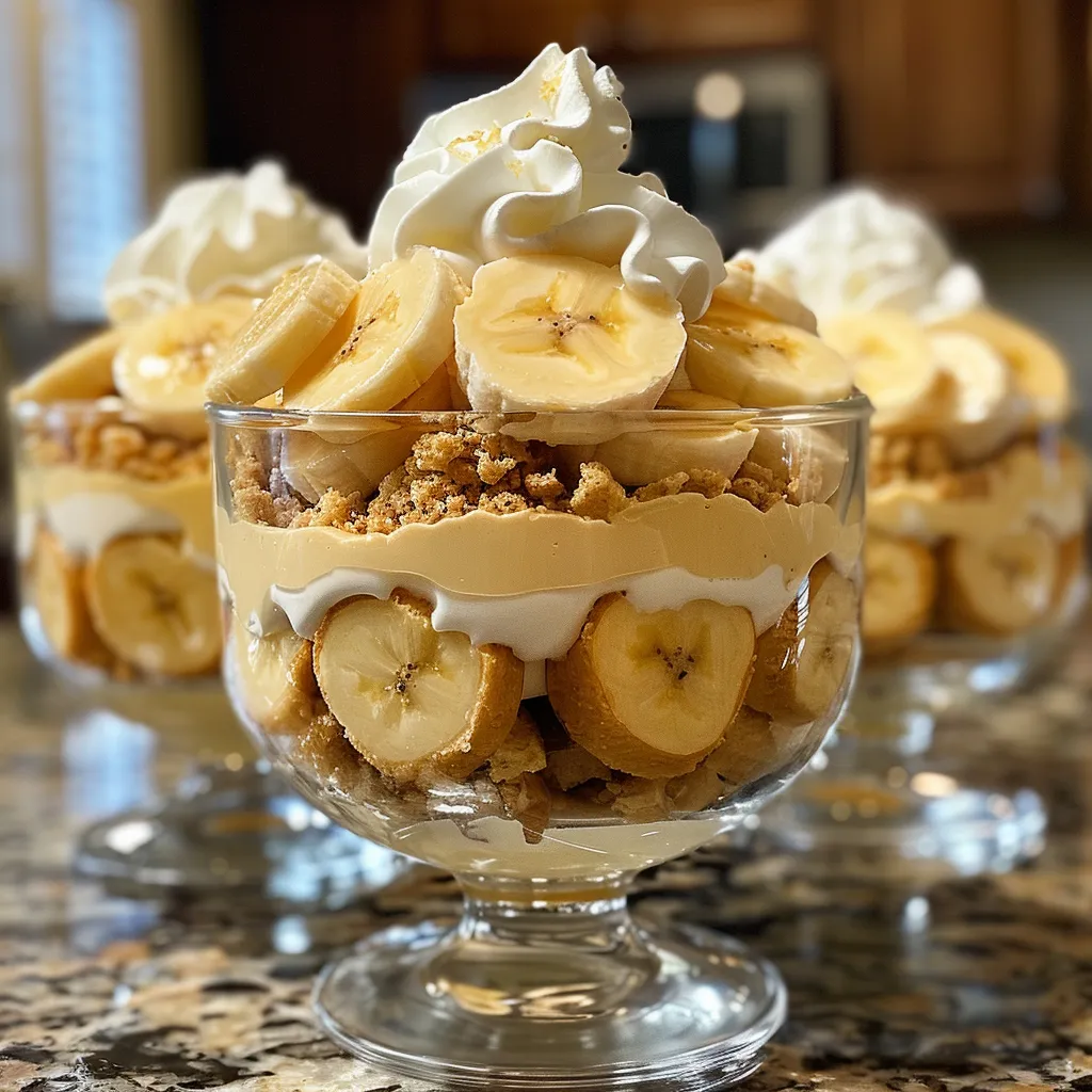 Detailed shot of a banana parfait, garnished with whipped cream and wafer pieces.