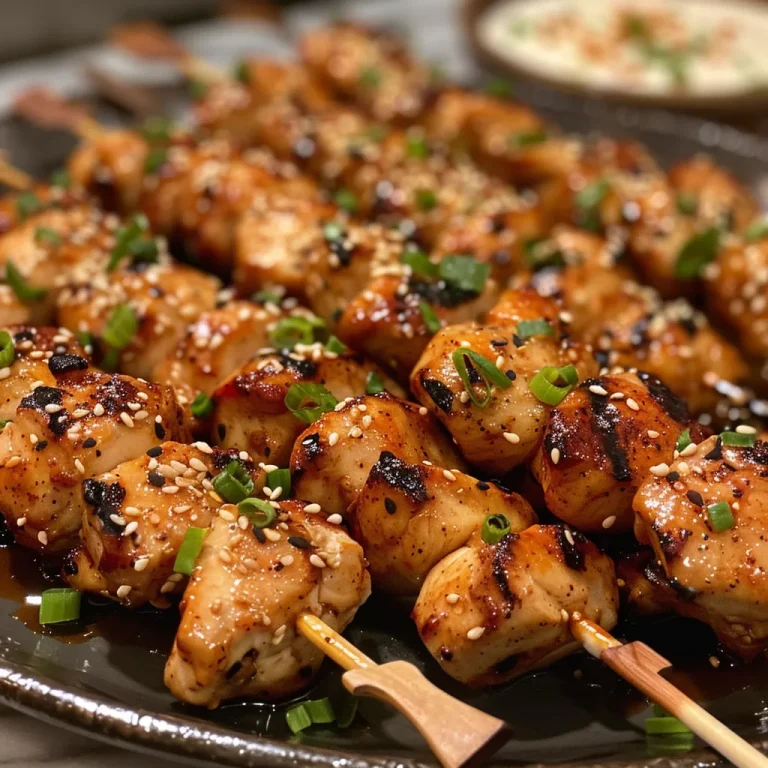 Elevate Your Grill Game with Irresistible Bang Bang Chicken Skewers Side view of delicious chicken skewers, showcasing a glossy finish and vibrant garnishes.
