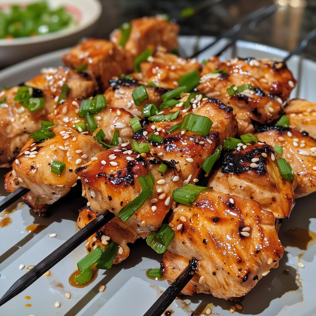 Tasty Bang Bang Chicken Skewers displayed on a wooden table, highlighting the grill marks.