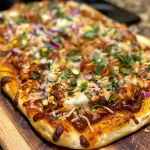 Side view of BBQ Chicken Flatbread Pizza with vibrant toppings and a golden crust.