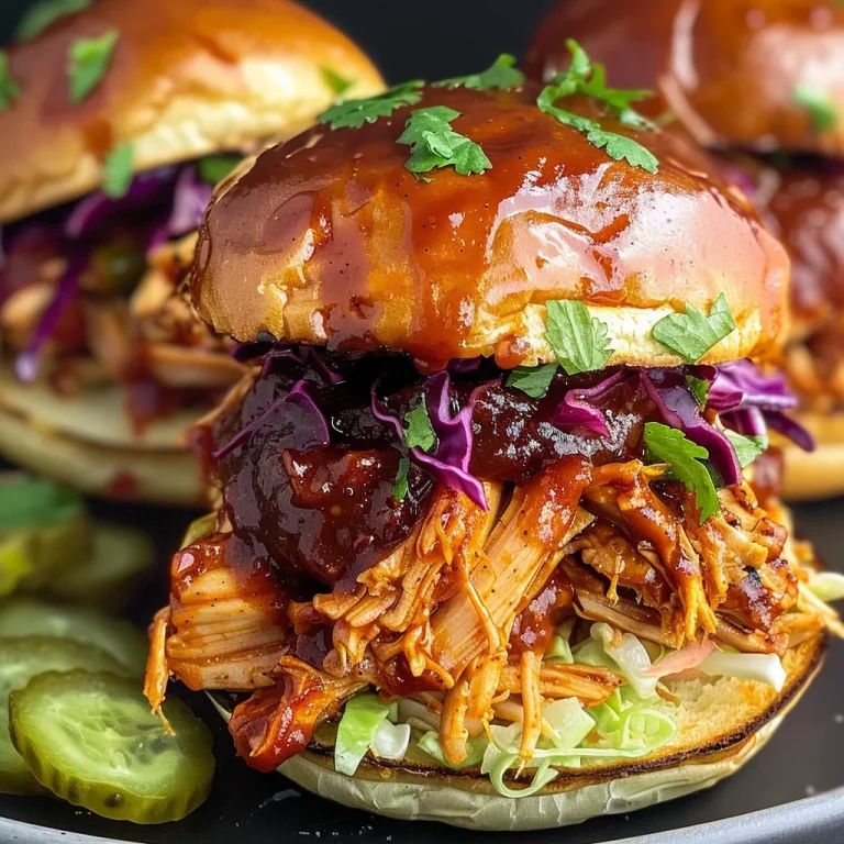 Savor the Flavor: Crafting BBQ Pulled Chicken Sliders for Every Occasion Detailed shot of pulled chicken sliders topped with coleslaw and pickles, served in a rustic setting.