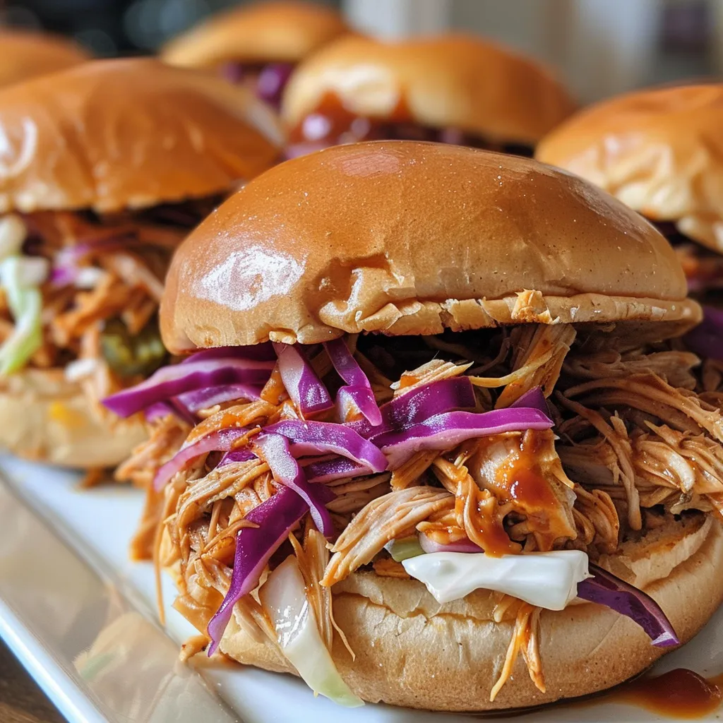 Close-up of a BBQ pulled chicken slider, showcasing the tender chicken and vibrant toppings.
