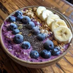 Detailed shot of a smoothie bowl filled with vibrant blueberries and banana slices.