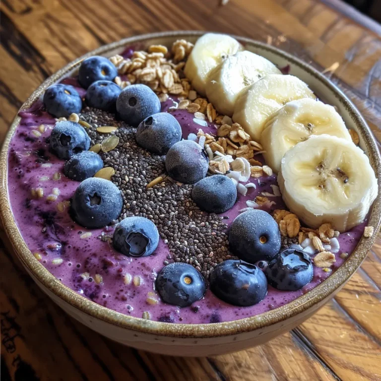 A Blissful Blend: Crafting the Ultimate Blueberry Banana Smoothie Bowl Detailed shot of a smoothie bowl filled with vibrant blueberries and banana slices.