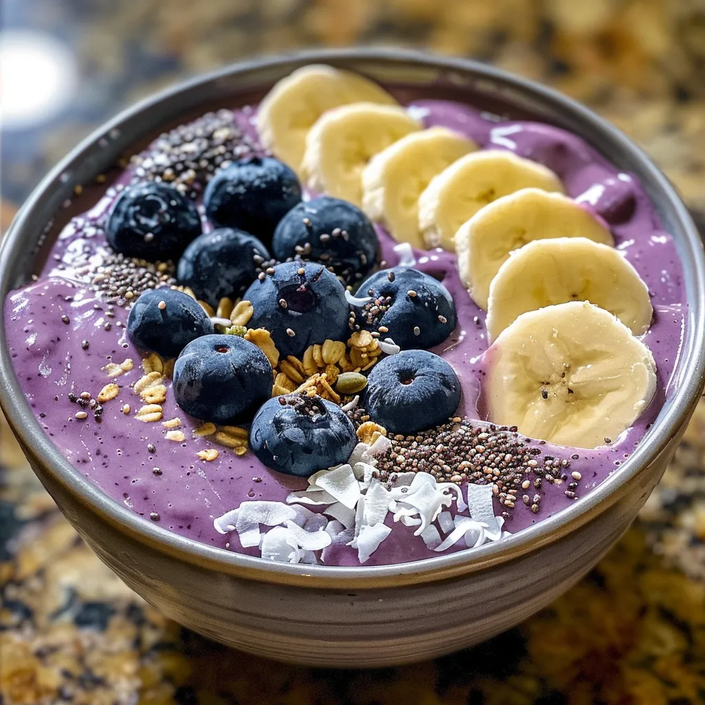 Artistic presentation of a smoothie bowl with blue and yellow hues from berries and bananas.