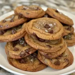 Freshly baked brown butter chocolate chip cookies with chocolate chunks visible on a cooling rack.