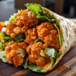 Juicy Buffalo Cauliflower Wrap with a mix of grilled cauliflower and ranch dressing, resting on a tortilla.