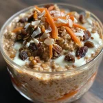 Delicious carrot cake overnight oats with layers of yogurt, oats, and grated carrots.