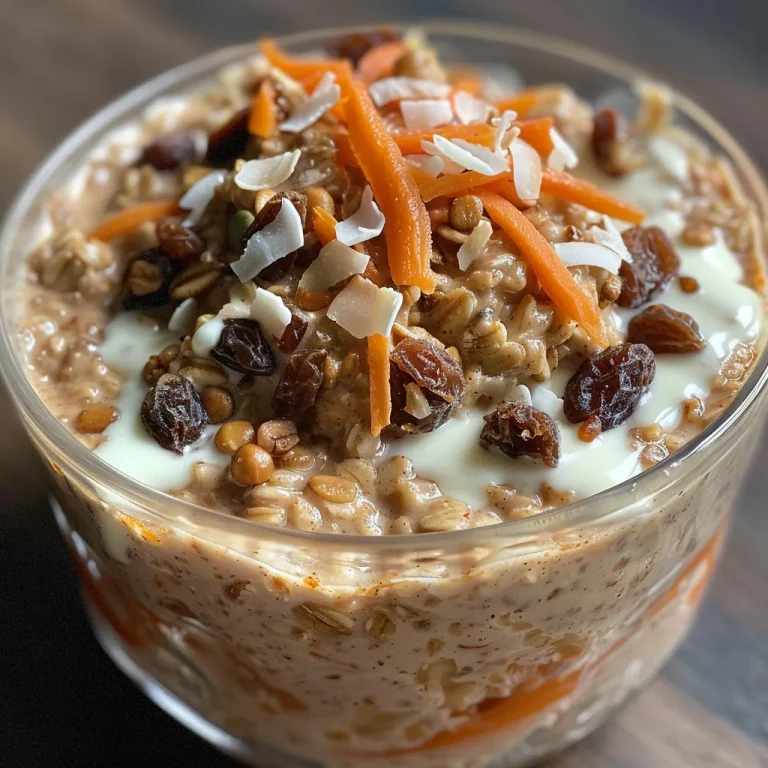 Delicious carrot cake overnight oats with layers of yogurt, oats, and grated carrots.