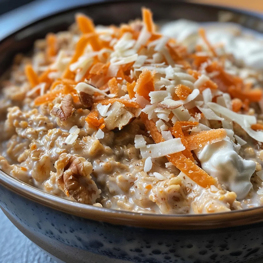 Gourmet presentation of carrot cake overnight oats featuring white chocolate chips on top.