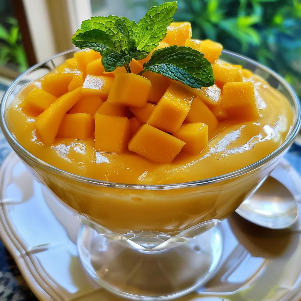 Appetizing mango pudding displayed with a smooth surface and tropical garnishes.