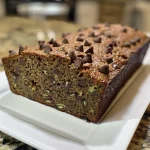 Detailed view of a slice of Chocolate Chip Zucchini Bread, highlighting the chocolate chips and zucchini pieces inside.