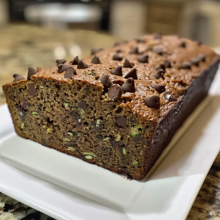 Detailed view of a slice of Chocolate Chip Zucchini Bread, highlighting the chocolate chips and zucchini pieces inside.