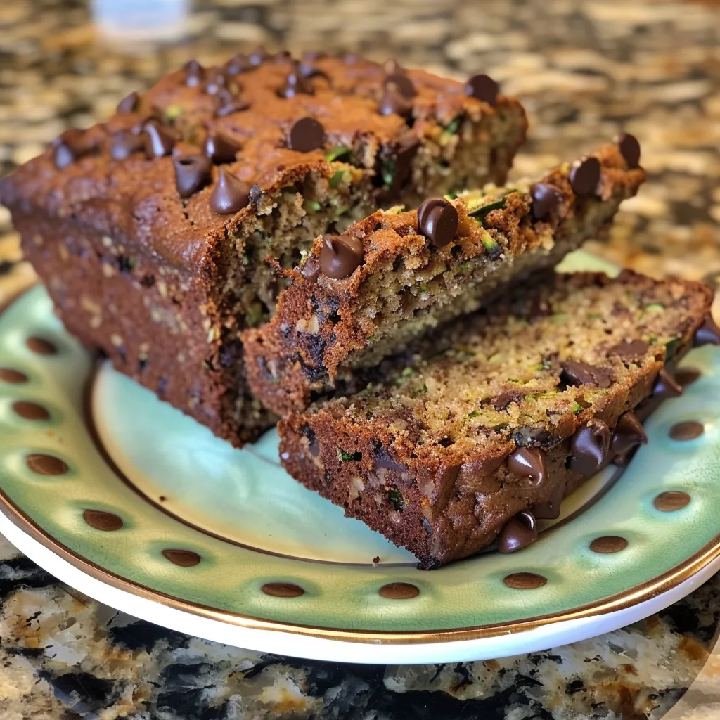 Side perspective of a decadent Chocolate Chip Zucchini Bread, emphasizing its fluffy interior and rich chocolate flavor.