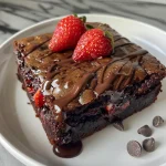 An enticing close-up of brownies, covered in chocolate and adorned with chopped strawberries, showcasing their decadent layers.