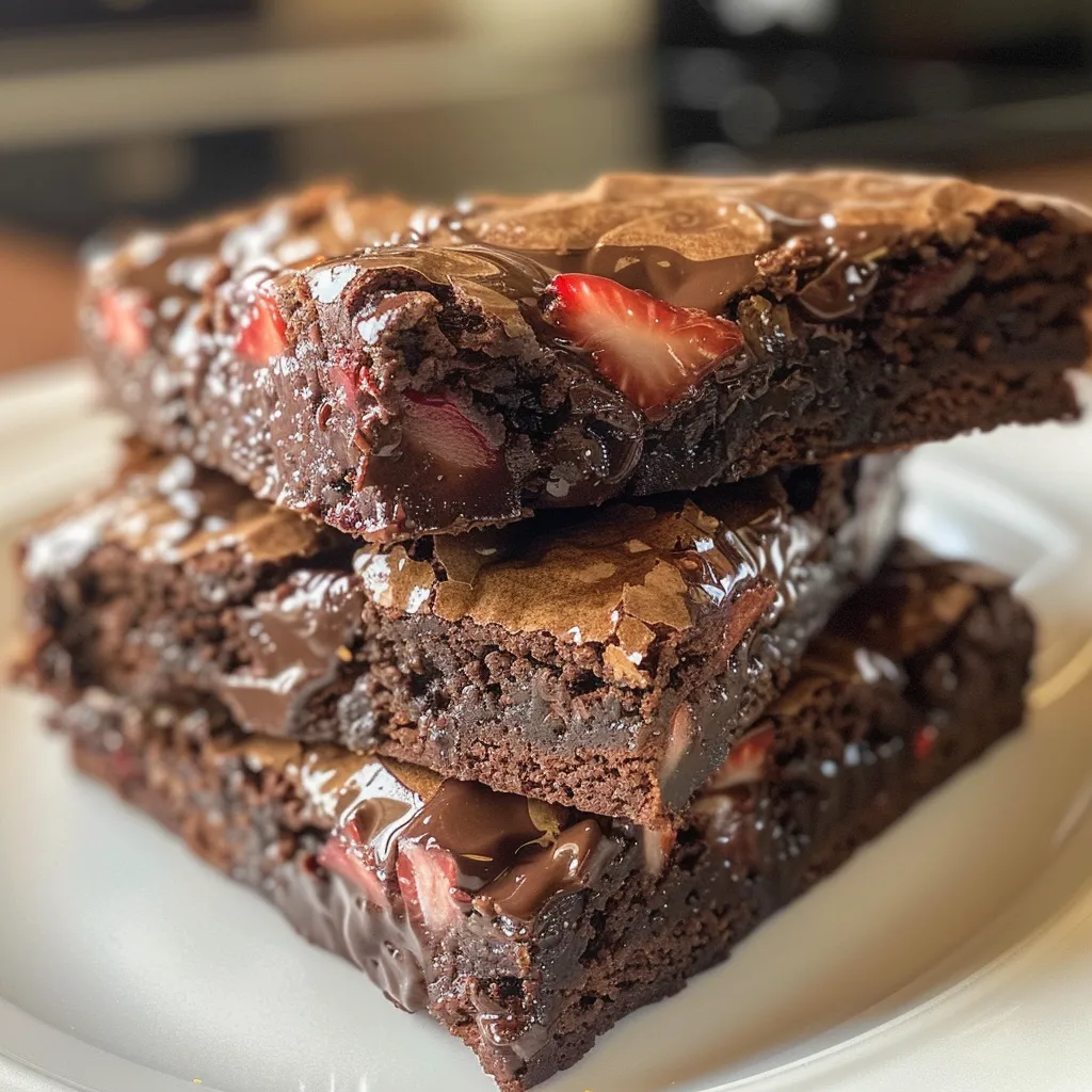 A tempting display of chocolate covered strawberry brownies highlighting chocolate drizzle and berry toppings.
