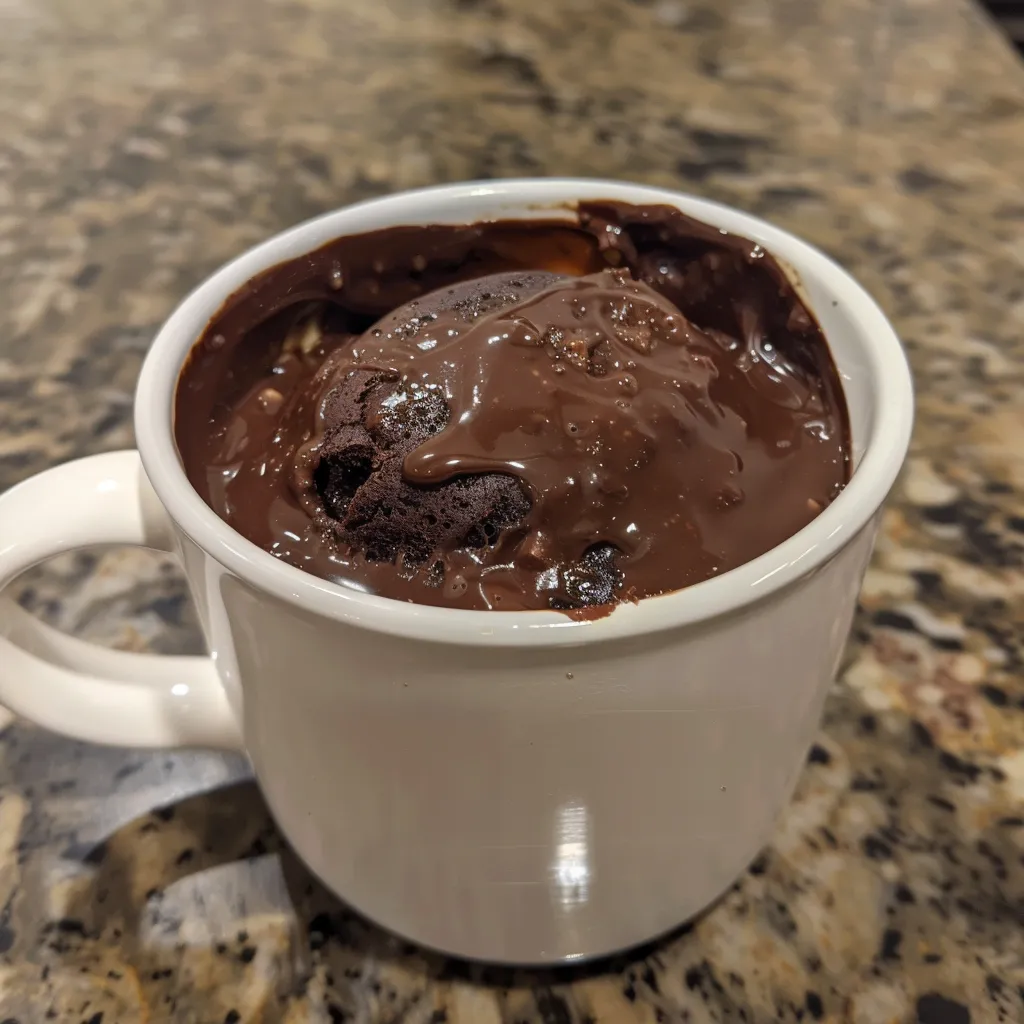 Side angle of a warm, oozy chocolate lava mug cake ready to be enjoyed.