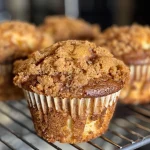 Juicy cinnamon apple muffin with a fluffy texture and visible apple pieces inside.