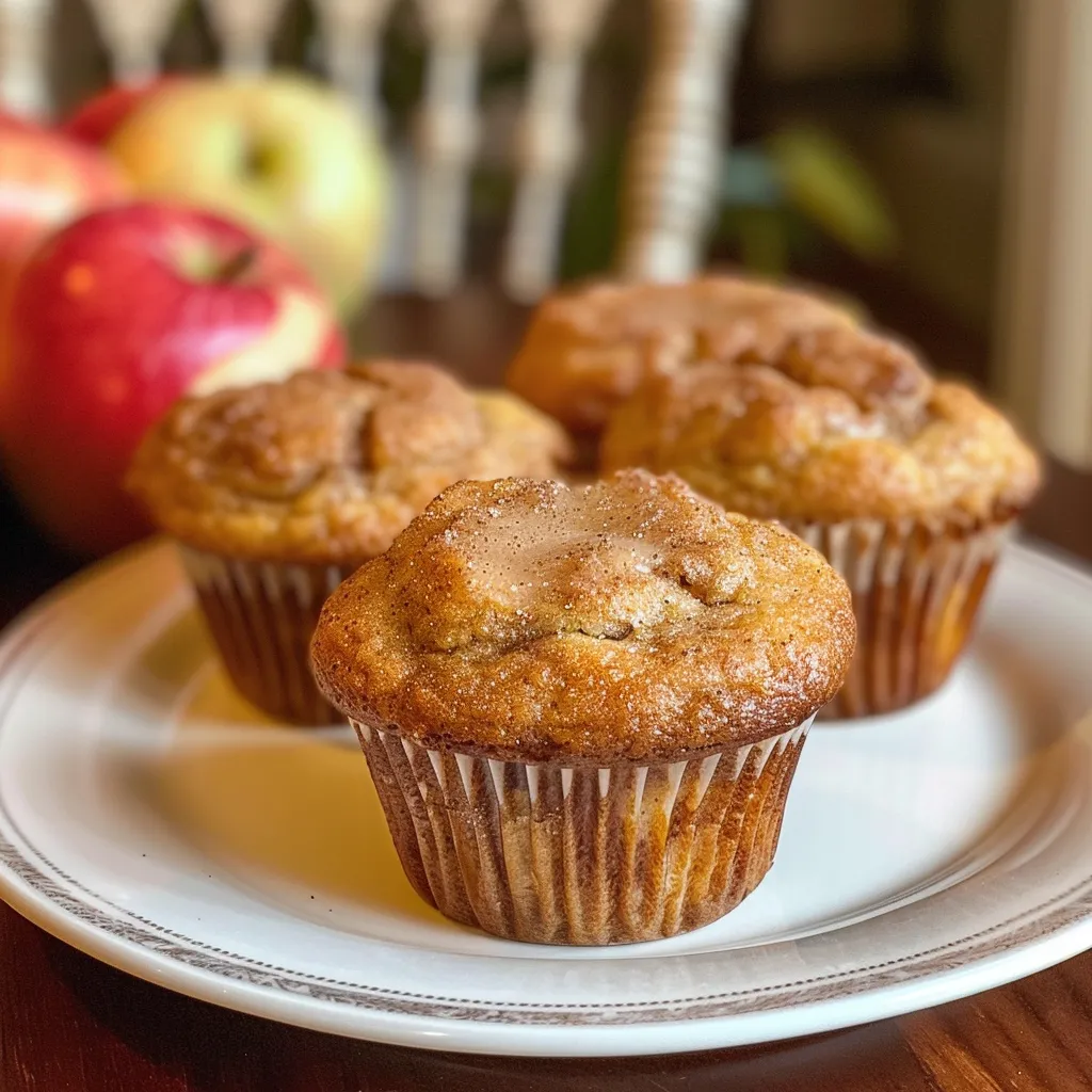 Warm bakery-style muffin with a rich cinnamon topping and hints of apple peeking through.