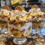 Juicy banana pudding parfaits in a clear cup, showcasing layers of pudding and wafers.