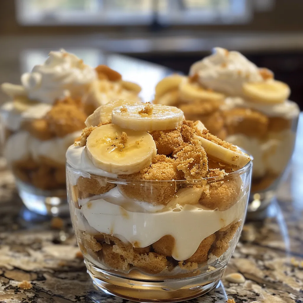 Delicious banana pudding parfaits featuring whipped cream and additional vanilla wafers on top.